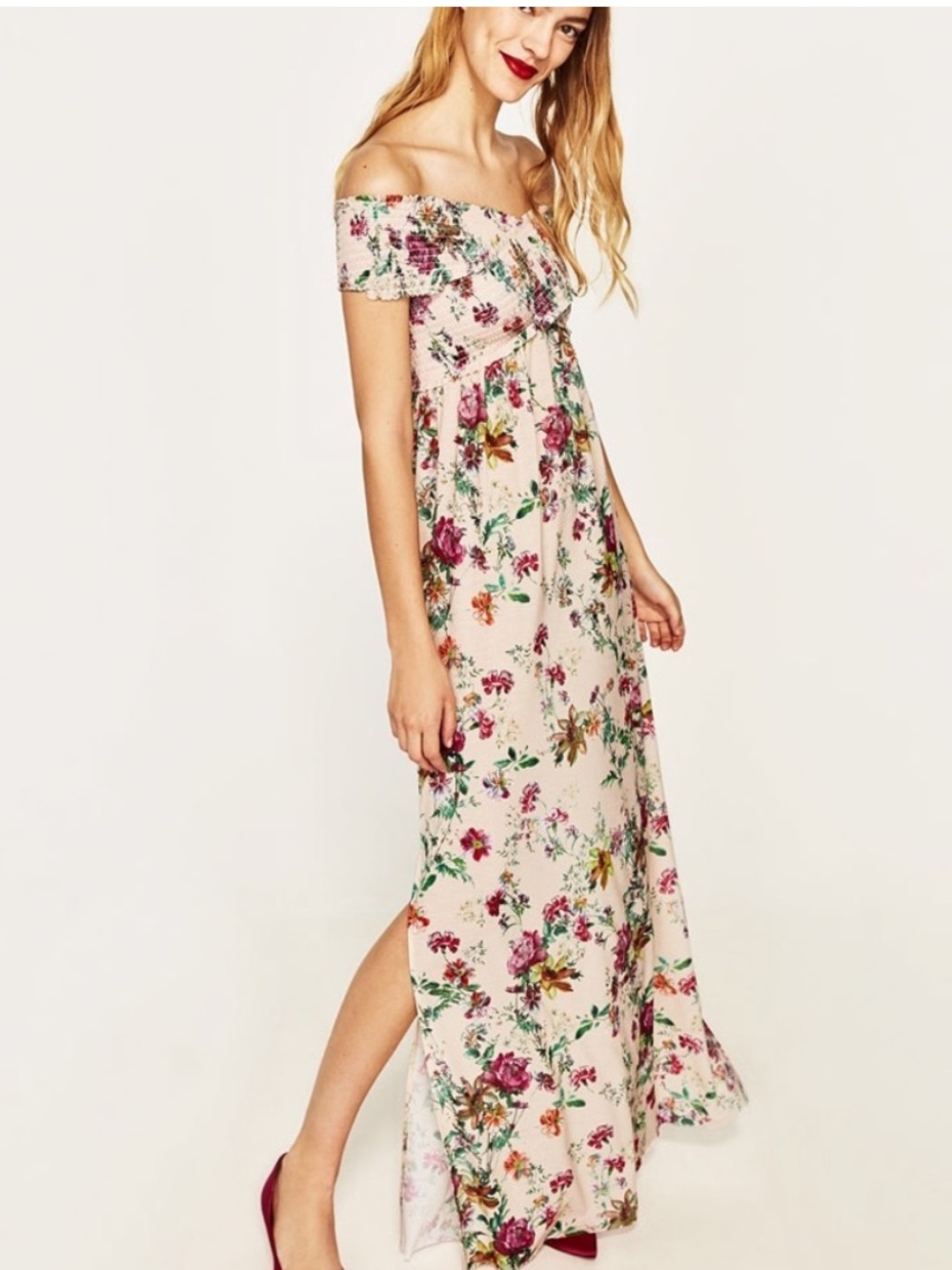 Zara Cream Floral Long Dress Smocked Crossed Off Shoulder w/ Slits size Small